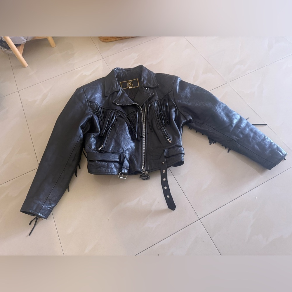 Vintage SHAF Black Leather Biker Jacket Fringe Motor Harley Davidson XL Motorcy - Picture 8 of 15